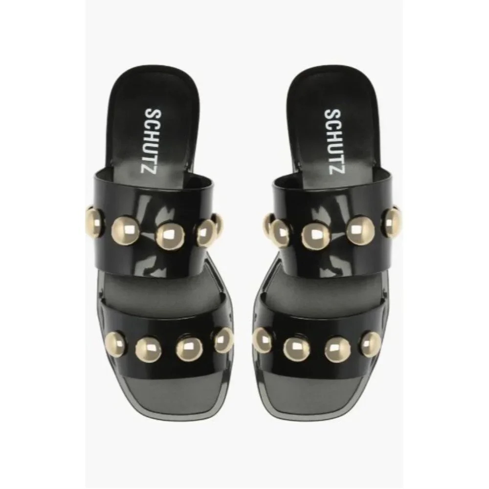 Schutz Lizzie Slide‎ Sandals Black Gold Studs Jelly Size 9 - Picture 2 of 9